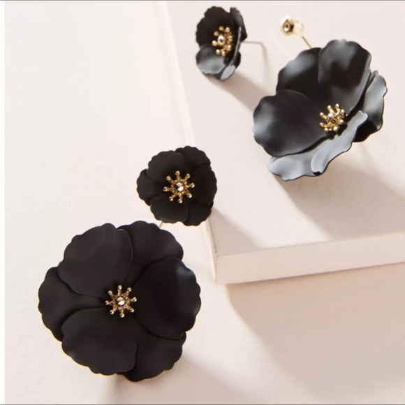 Black Double Flower Earrings - Picture 2 of 7